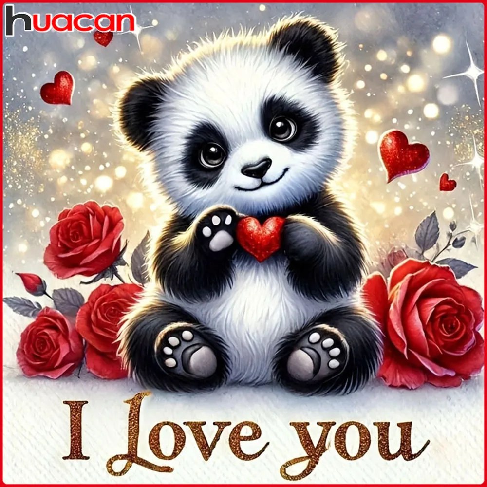 Huacan DIY Diamantmalerei Panda Rose Diamantmosaik Tier Blume Komplettes Set Dekorative Gemälde