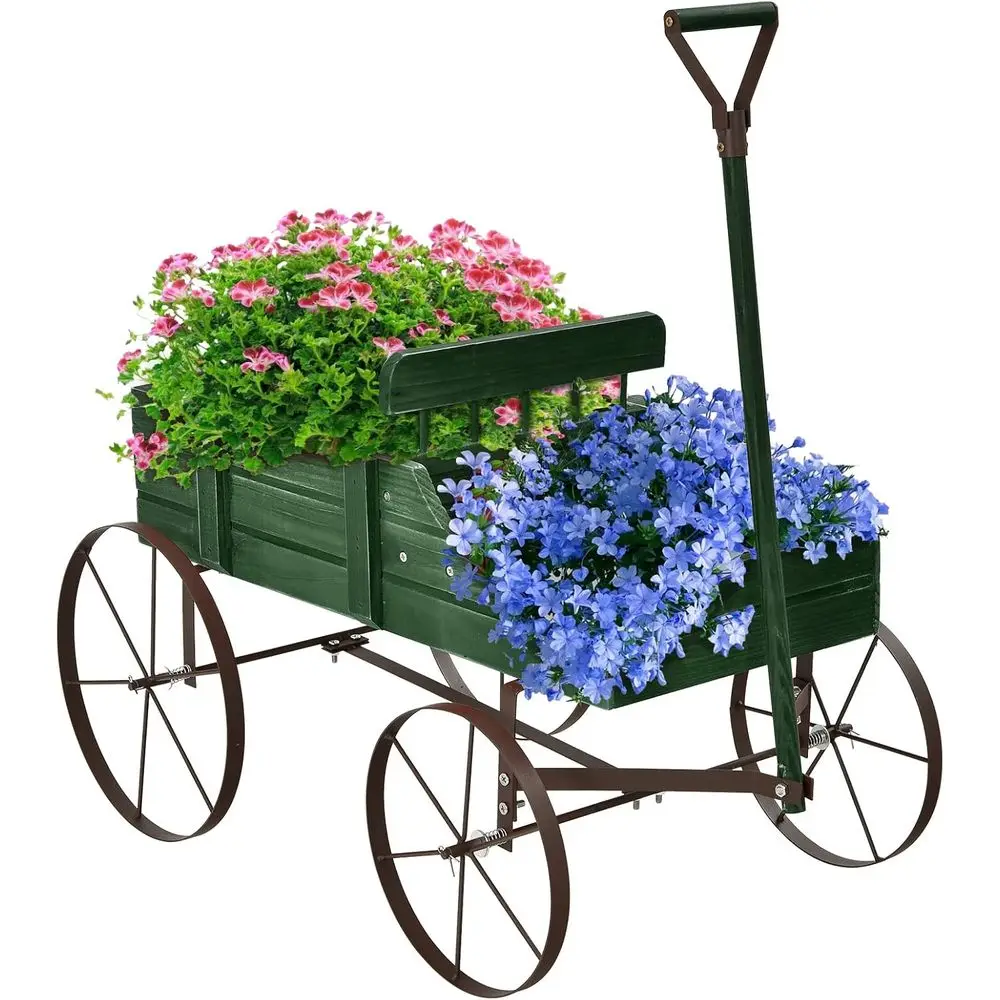 

Dual-Section Wooden Wagon Planter with Wheels for Indoor and Outdoor Use - Green