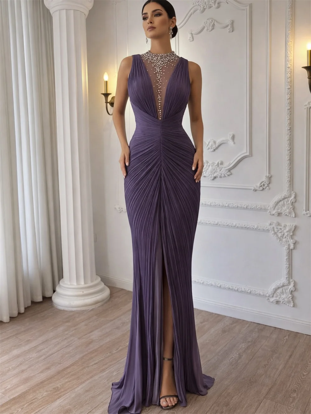 Vestidos de Noche Contessa Personalizados con Cuello en V, Sin Mangas, Pliegues Multicapa, Estilo Sirena, Cintura Ajustada, para Eventos Formales 2026