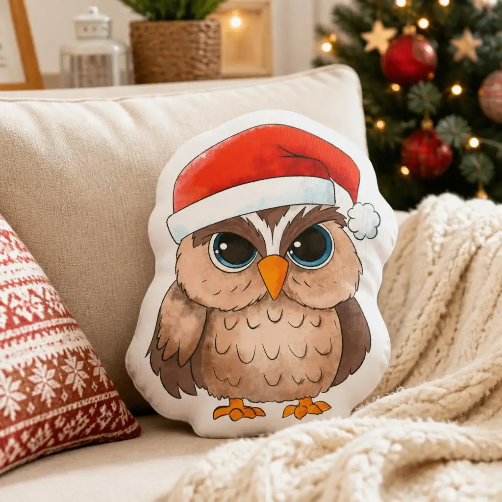 Grumpy Christmas Owl Plush Pillow Cute Santa Hat Stuffed Cushion Holiday Throw Pillow for Sofa Bedroom Decor Gift Winter Gift
