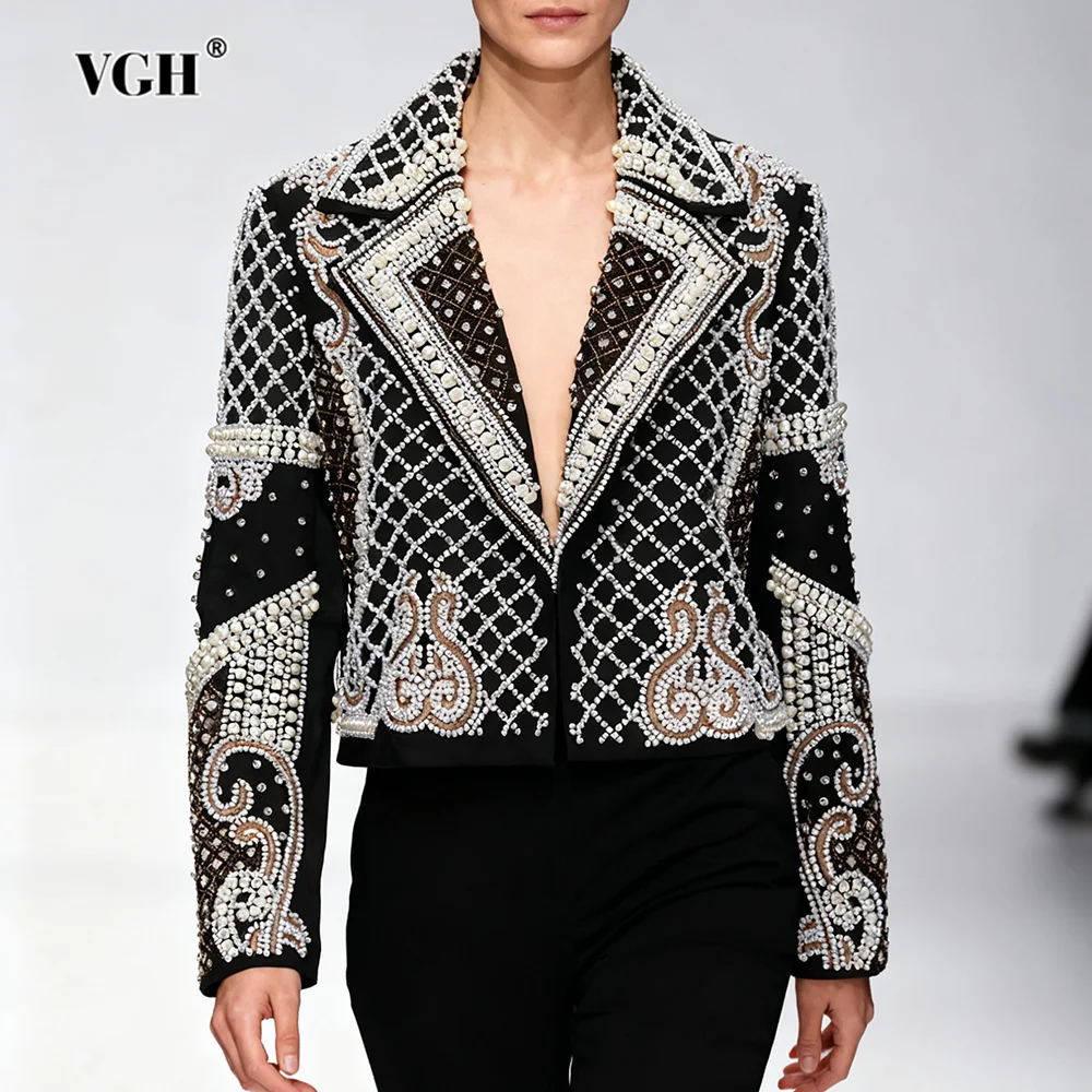 

VGH однотонные роскошные короткие куртки с жемчугом для женщин, осенняя темпераментная вечерняя куртка с лацканами и длинными рукавами, женский модный стиль