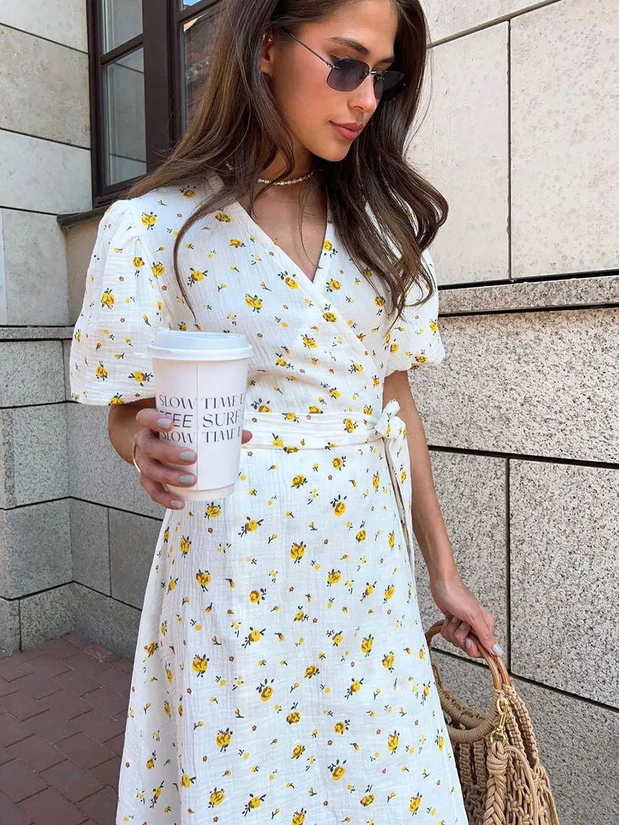 Cotton Fresh Sweet Women Summer Dresses Floral Print A-line Midi Dress With Side Slits Long Elegant White Vestidos For Women2024