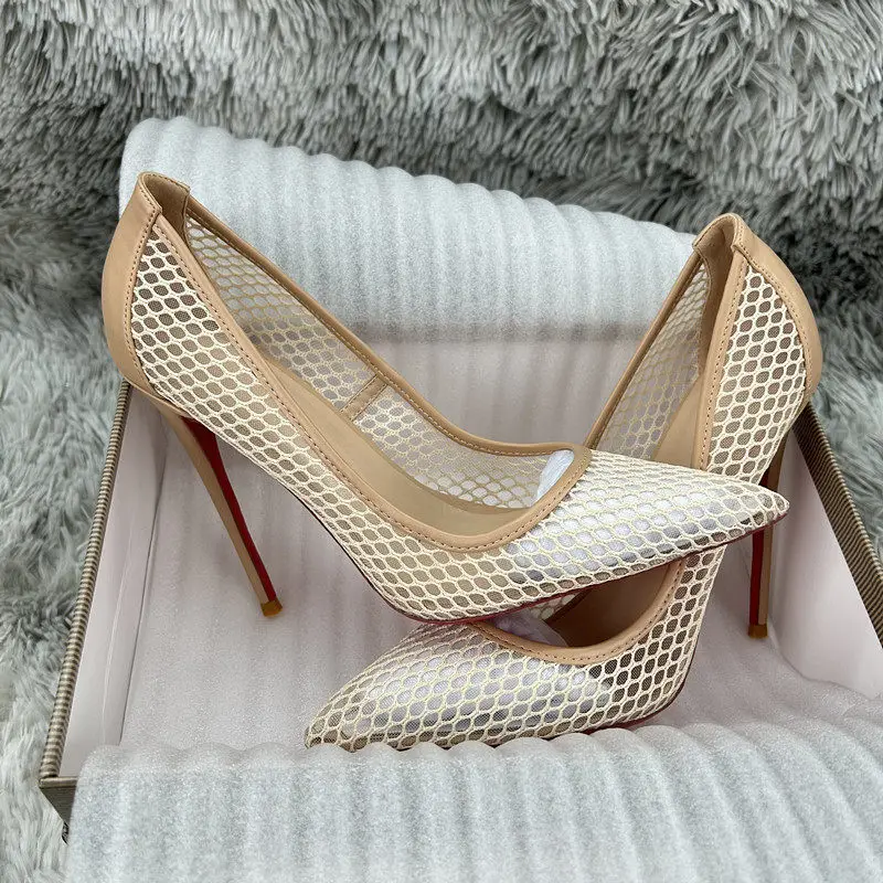 2026 New 12cm Bare Matte Mesh Fine Heels with Pointed Shallow Mouth Single Shoes for Women, Sexy and Comfortable