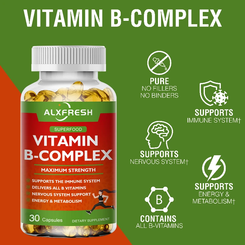 B-Complex Vitamins (B12 B1 B2 B3 B5 B6 B9 Folic Acid &Biotin) Capsule Liver, Immune System, Energy Support Nutrition Supplement