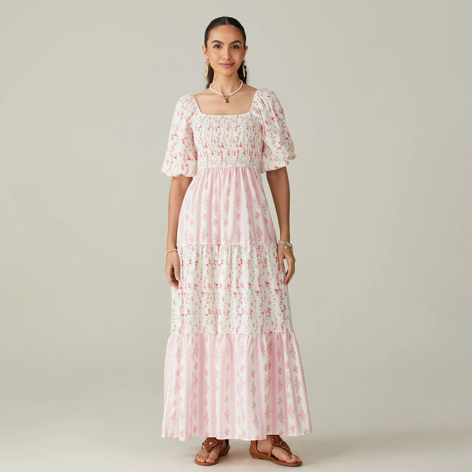 ผู้หญิงฤดูร้อนชุดยาวพิมพ์ลายดอกไม้สแควร์คอแขนสั้นแฟชั่น Casual Bohemian Holiday Beach Dresses
