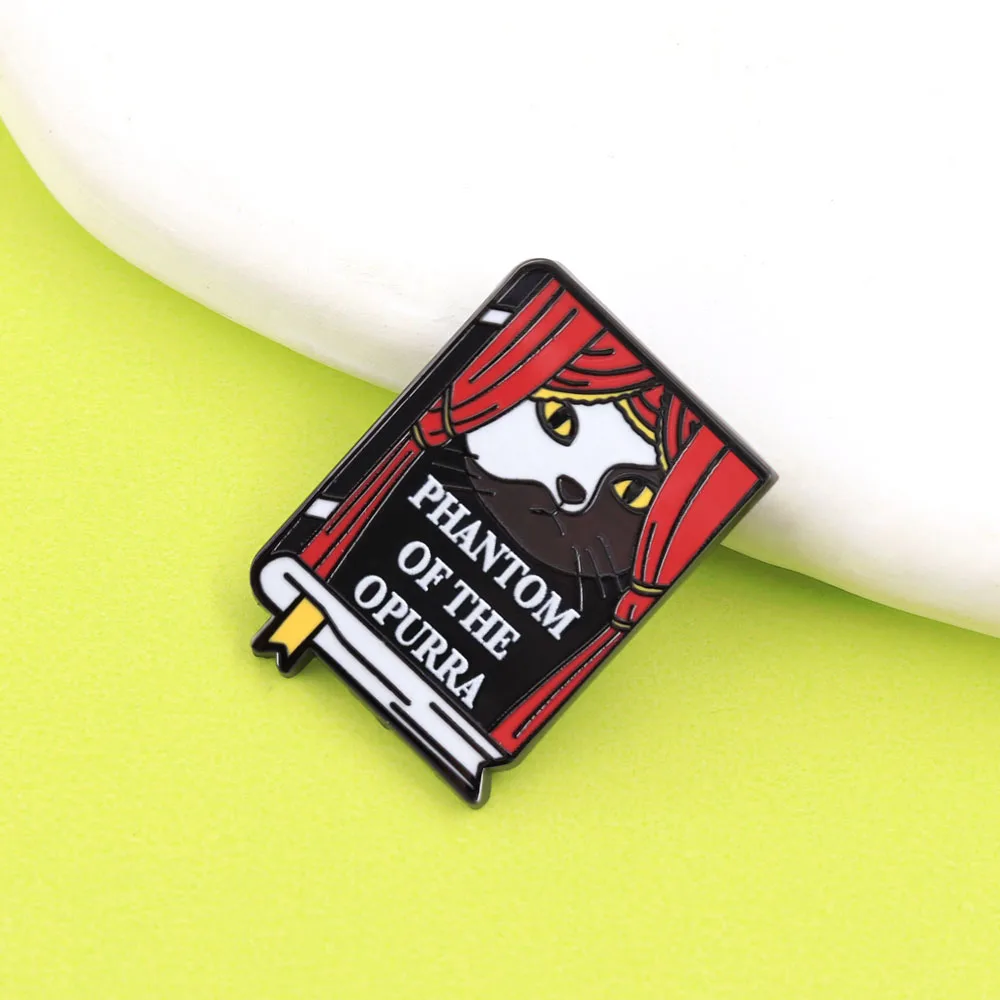 Phantom of The Opurra Cat Brooch Cat Lovers Musical Theater Periphery Badges Red Screen Book Shaped Enamel Pin Fans Decoration