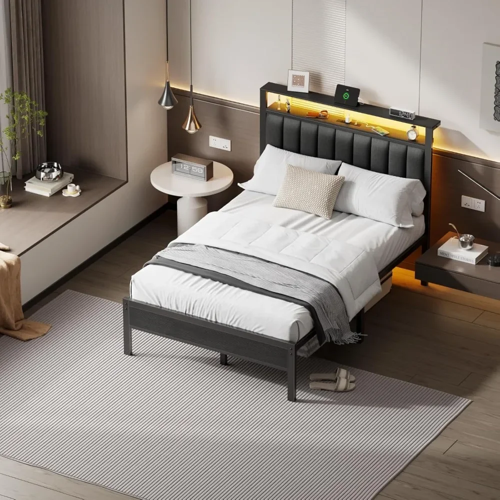 

Full Size Bed Frame with Charging Station and LED Lights, Platform Bed with Metal Slats, Grey Upholstered Headboard