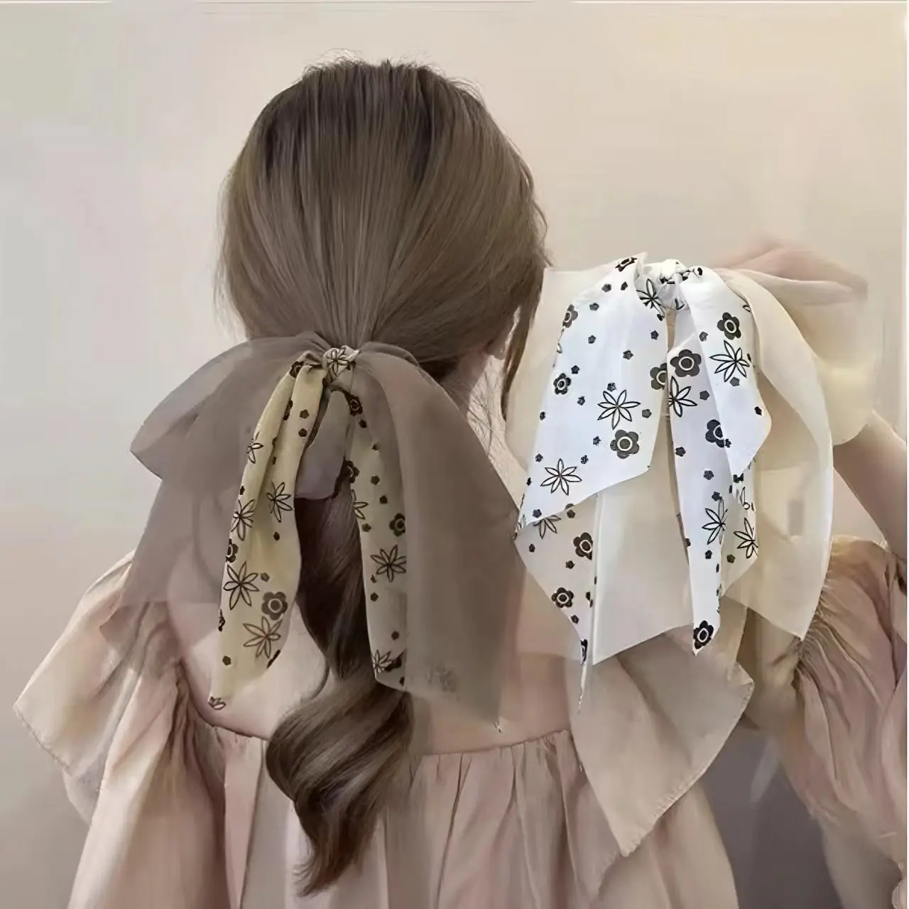 Summer Chiffon Mesh Bow Ribbon Hair Band Women's Elegant and High-end High Elasticity Hair String Fashionable Hair Accessories