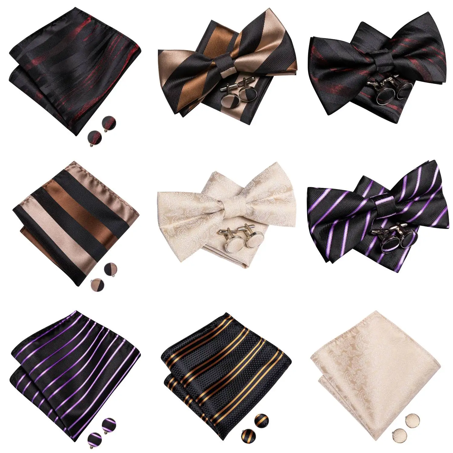 Mens Bow Tie Hanky Cufflinks Pre-tied Red White Pink Solid Floral Stripes Paisley Bowtie for Male Wedding Business Gift