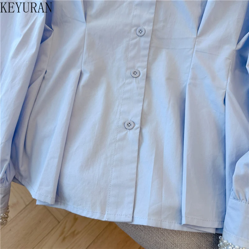Camicie e camicette a maniche lunghe con scollo a V con perline primavera autunno Top da donna Moda coreana Vintage Solid Elegante Blusas Mujer Camisas