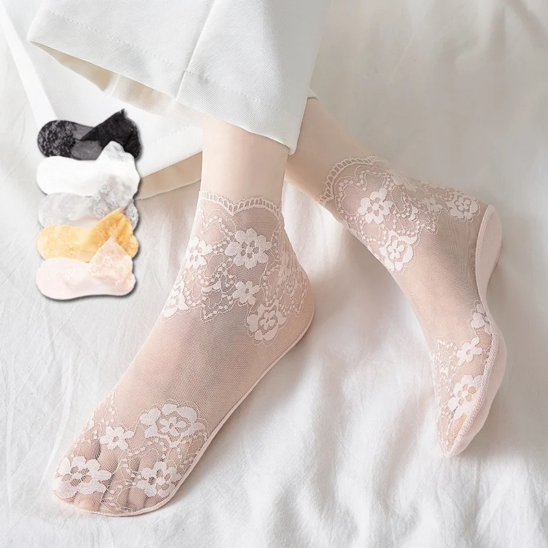 1/3/5 Pairs Women‘s Lace Trim Ankle Socks Summer Thin Breathable Cotton Moisture Wicking Sexy Low Cut Lingerie EU 35-40 US 5-9