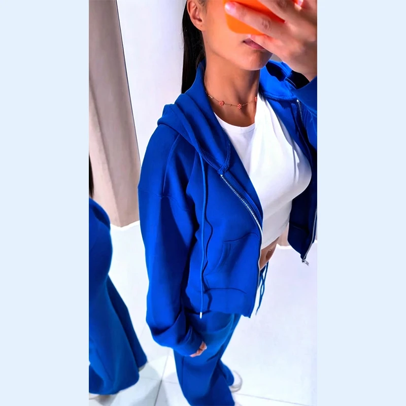 Damen-Hosen-Sets mit Kapuze, Langarm-Reißverschluss, Oversize-Mäntel, Kordelzug-Taille, Schlaghosen, Frühling-Herbst, schicke neue Outfits für Damen – Detail 20