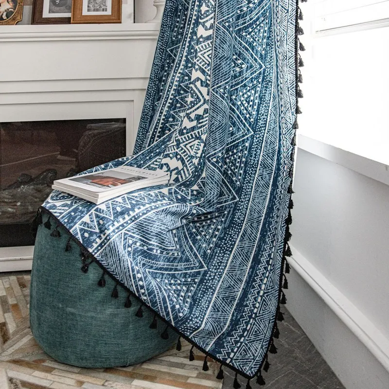 Boho Blue Geometry Cotton Linen Curtain Black Tassel Curtains for Living Room Bedroom American Style Vintage Drape Valance