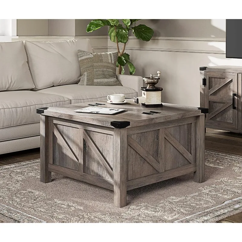 Modern Farmhouse Coffee Table, Square Wood Center Table with Gas Struts Lift-Top for Extra Large Hidden Storage