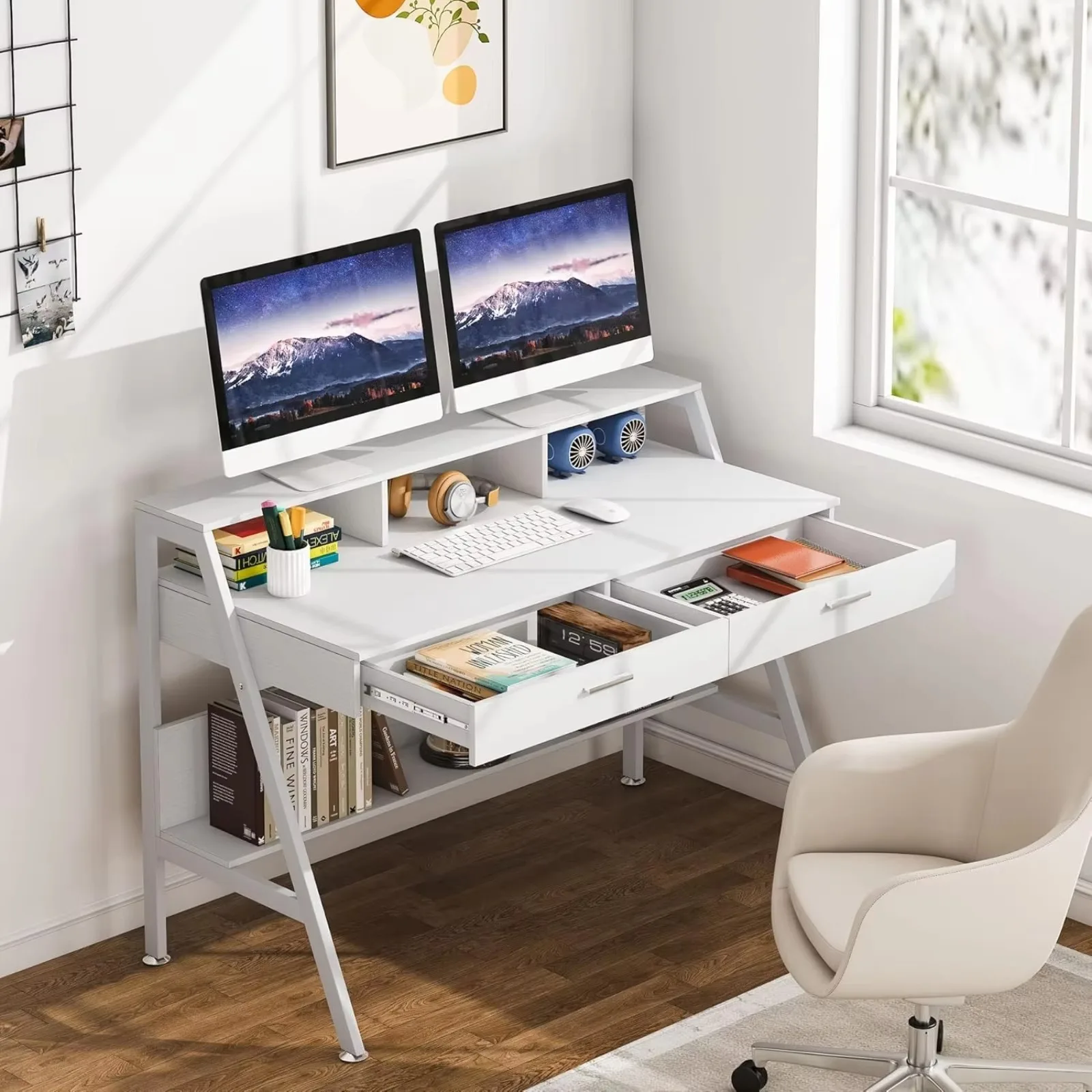 US Computer Desk with Storage Shelf & Drawers, Modern 47 inch Office Writing Desk Study Table with Monitor Stand