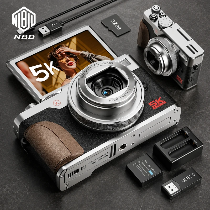 

Professional 5K Camera NBD K100 64MP Digital Camera Video Camera with Flip Screen, 18X Zoom, Retro Style Compact Portable Vlog