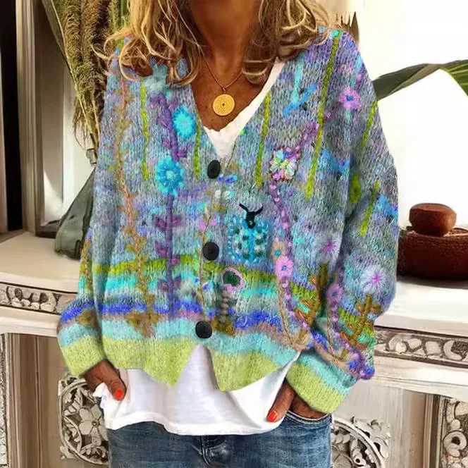 Printed Women's Cardigan Soft Sweater Casual Cape Jacket Knitted Sweater Fashion