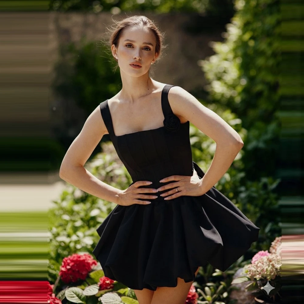 

Black Satin Mini Party Dress Chic Square Collar Taffeta Puffy A‑Line Prom Party Dresses For Brithday Summer Cocktail Gowns