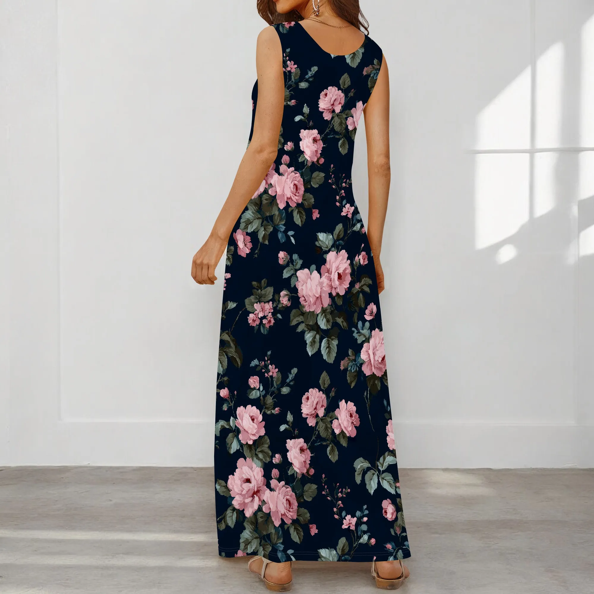 Vestido feminino de verão estilo 2025 - Tamanho grande, estampa floral estampada, vestido sem mangas, vestido longo casual e fluindo