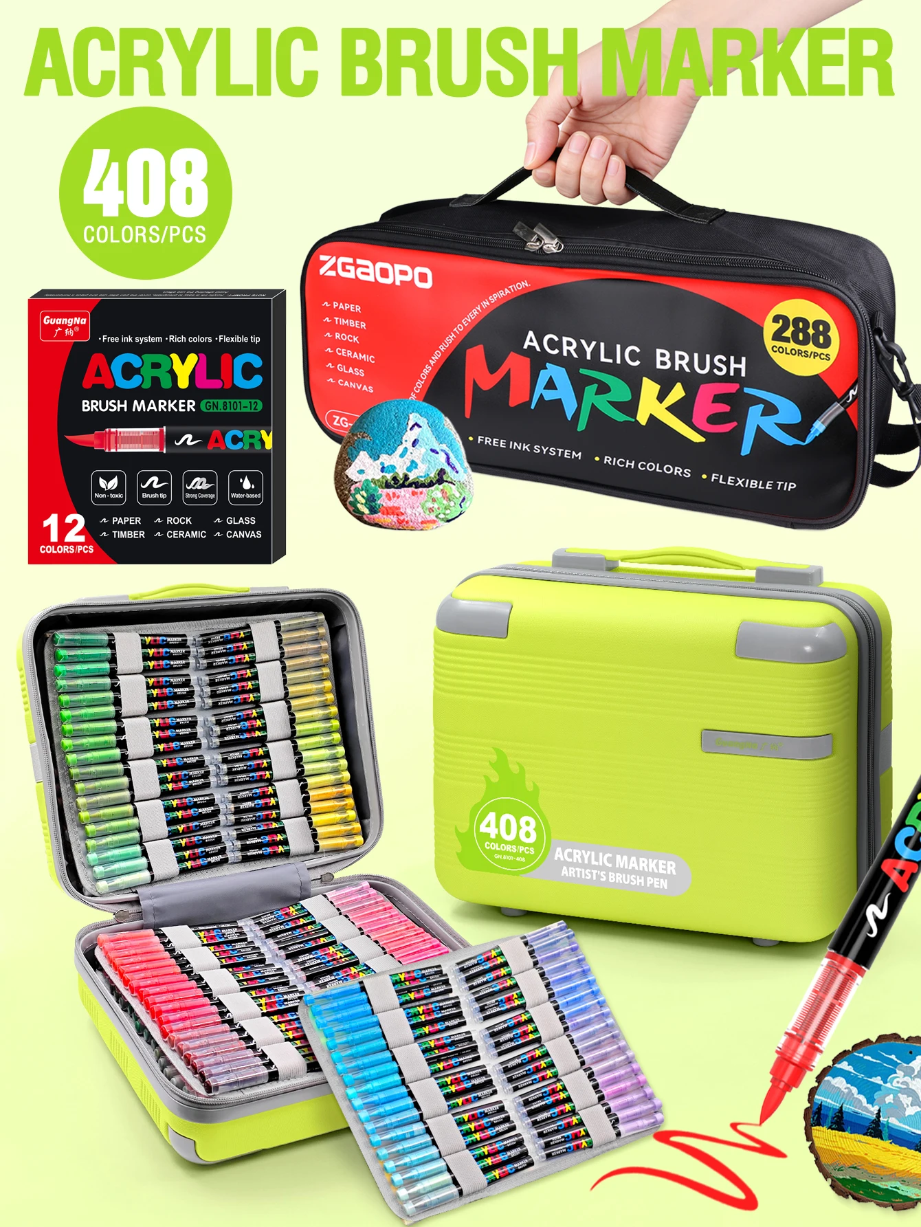 

Guangna Direct Liquid Soft-Tip Acrylic Marker Pen | 12-408 Colors Available, Free Ink Supply System, Flexible Tip, Waterproof, Sun-Resistant, High Coverage, Suitable for Multiple Materials (Stone / Wood / Glass / Ceramic / Canvas), Professional Marker Pen