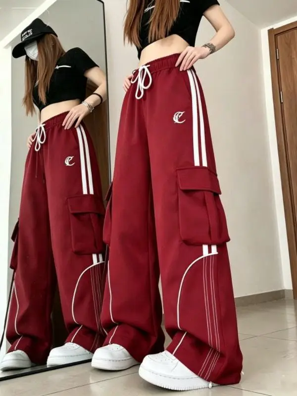 Casual High-Waisted Women's Cargo Pants Spring Summer Drapey Floor-Length Drawstring Hip Hop Wide Leg Sports Trousers