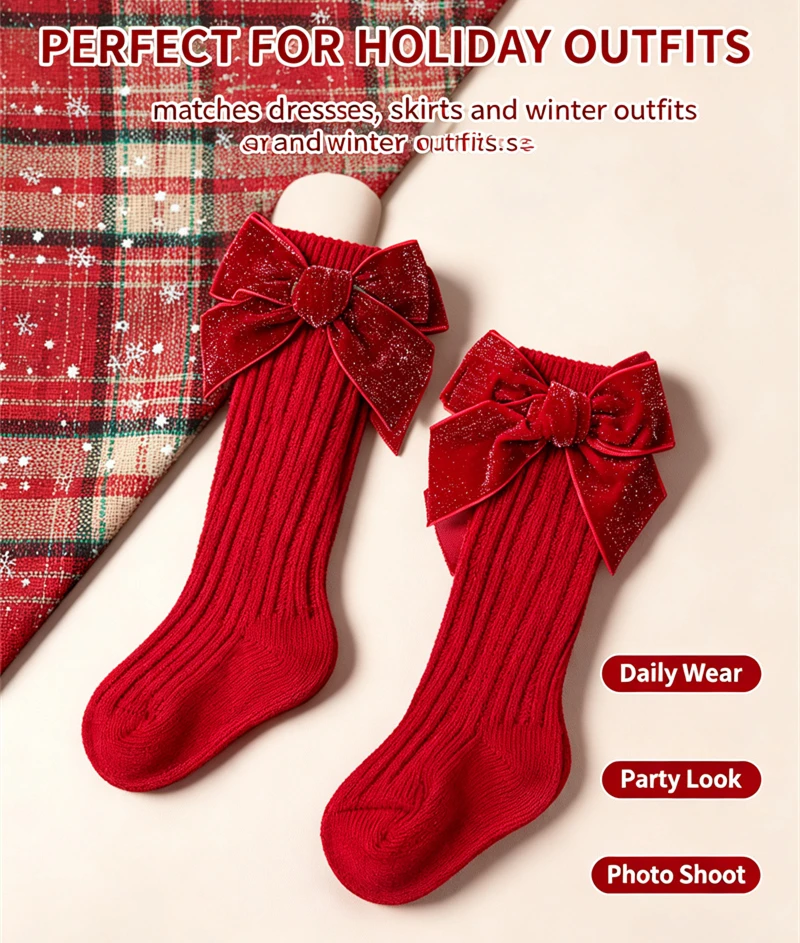 2 Paar/Set Weihnachts-Kniestrümpfe für Kleinkinder und Kinder, Mädchen, niedliche große Schleife, Neujahrs-Baumwoll-Langsocken, weiche warme Beinwärmer – Detail 3