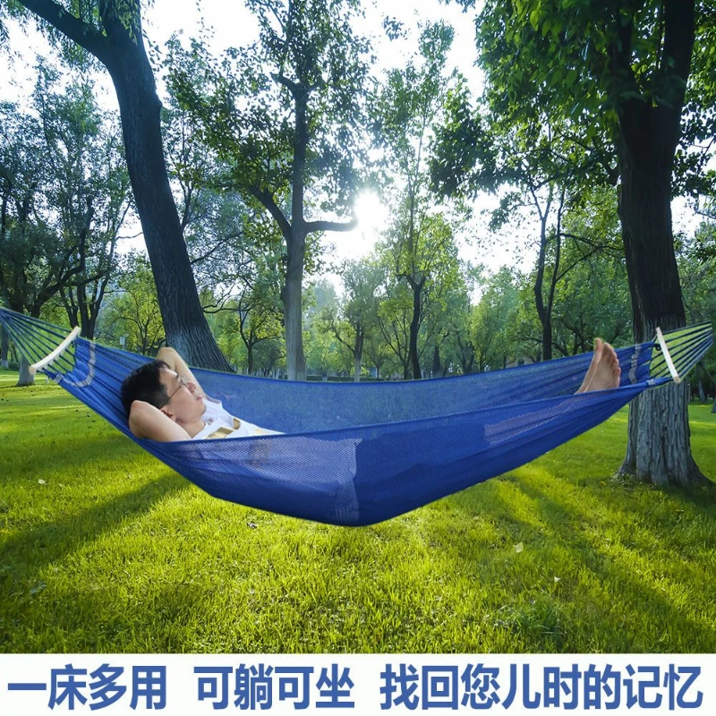 Single Double Nylon Rope Mesh Hammock with Short Wooden Stick Swing Outdoor Indoor Dormitory Adult Hanging Swing Chair