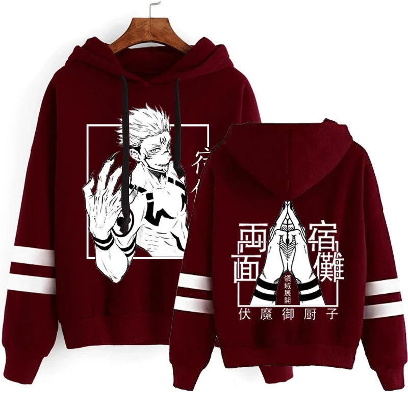 New Ryomen Sukuna Printed Hoodies Men Fashion Personality Striped Hooded Sweatshirt Casual Outdoor Anime Long Sleeve Pullover