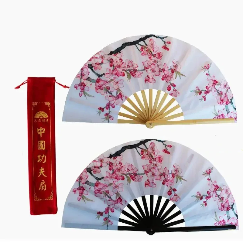 Peach Blossom Tai Chi Fan Chinese Style Bamboo Ring Fan for Kung Fu, Hanfu Cheongsam Dance Show Performance Folding Fan