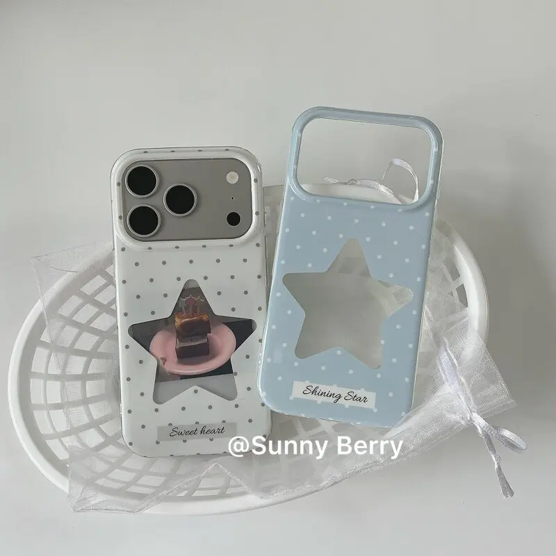 

Korean INS Polka Dots White BLue Star Y2K Phone Case For iPhone 17 16 15 14 13 12 11 Pro XR XS X Max 7 8 Plus MINI Y2K Cover