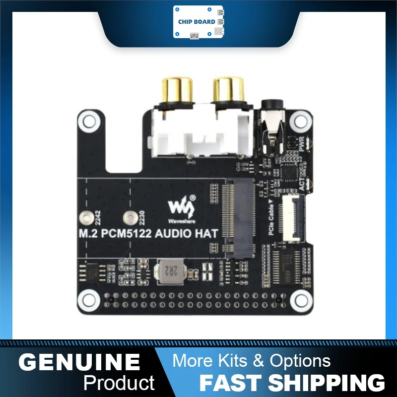 Waveshare PCIe to M.2 Adapter for Raspberry Pi, NVMe SSD Ready, I2S Audio, 3.5mm & RCA Output, No Driver Needed