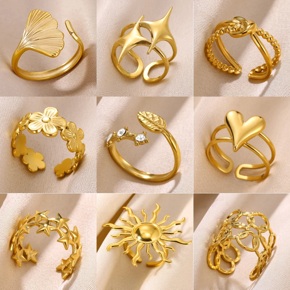 Stainless Steel Flower Open Rings For Women Trend Wedding Heart Jewelry Gold Color Geometric Hollow Ring Daily Accessories Gift