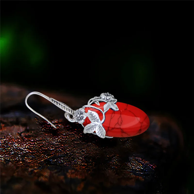 أطقم عقد وأقراط من الفيروز الصناعي للنساء ، مجوهرات عتيقة مطلية بالفضة ، شكل العين ، مظهر عتيق ، دلاية على شكل زهرة ، موضة