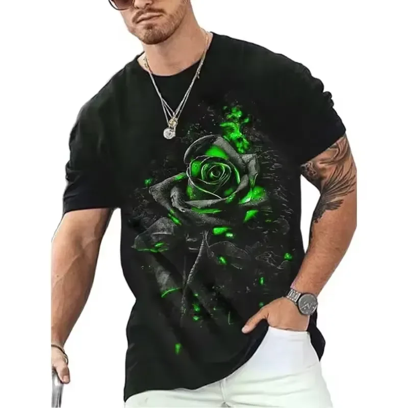 2026 Fashion 3D Rose Print Men T Shirt Summer Short Sleeve O Neck Oversized Tee Tops Streetwear Casual Clothing
