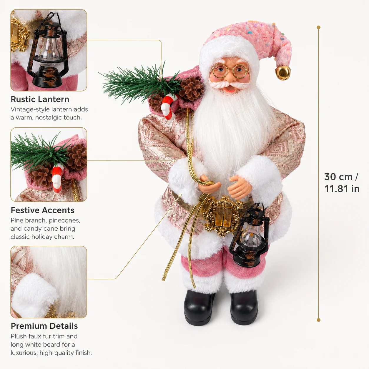 Christmas Santa Claus Figurine 30cm, Pink Sequin Hat Santa Statue with Lantern Pine Branch Decor for Xmas Home Decoration