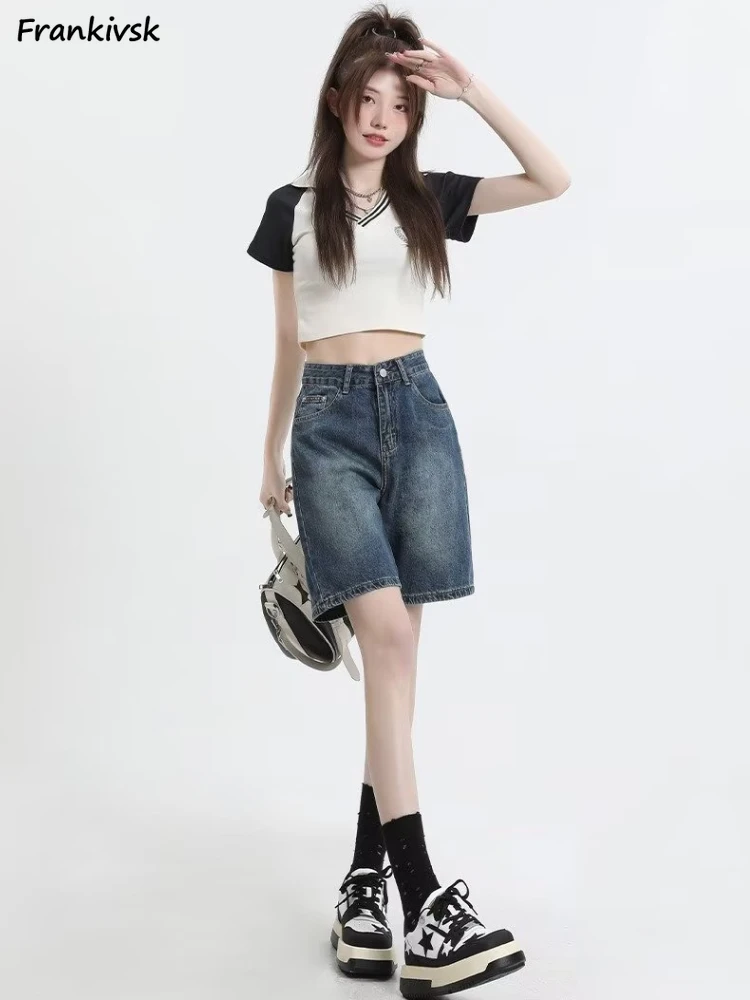 

Shorts Women High Waist All-match Harajuku Knee Length Fashion Popular Japanese Style New Summer Streetwear Washed Vintage Denim