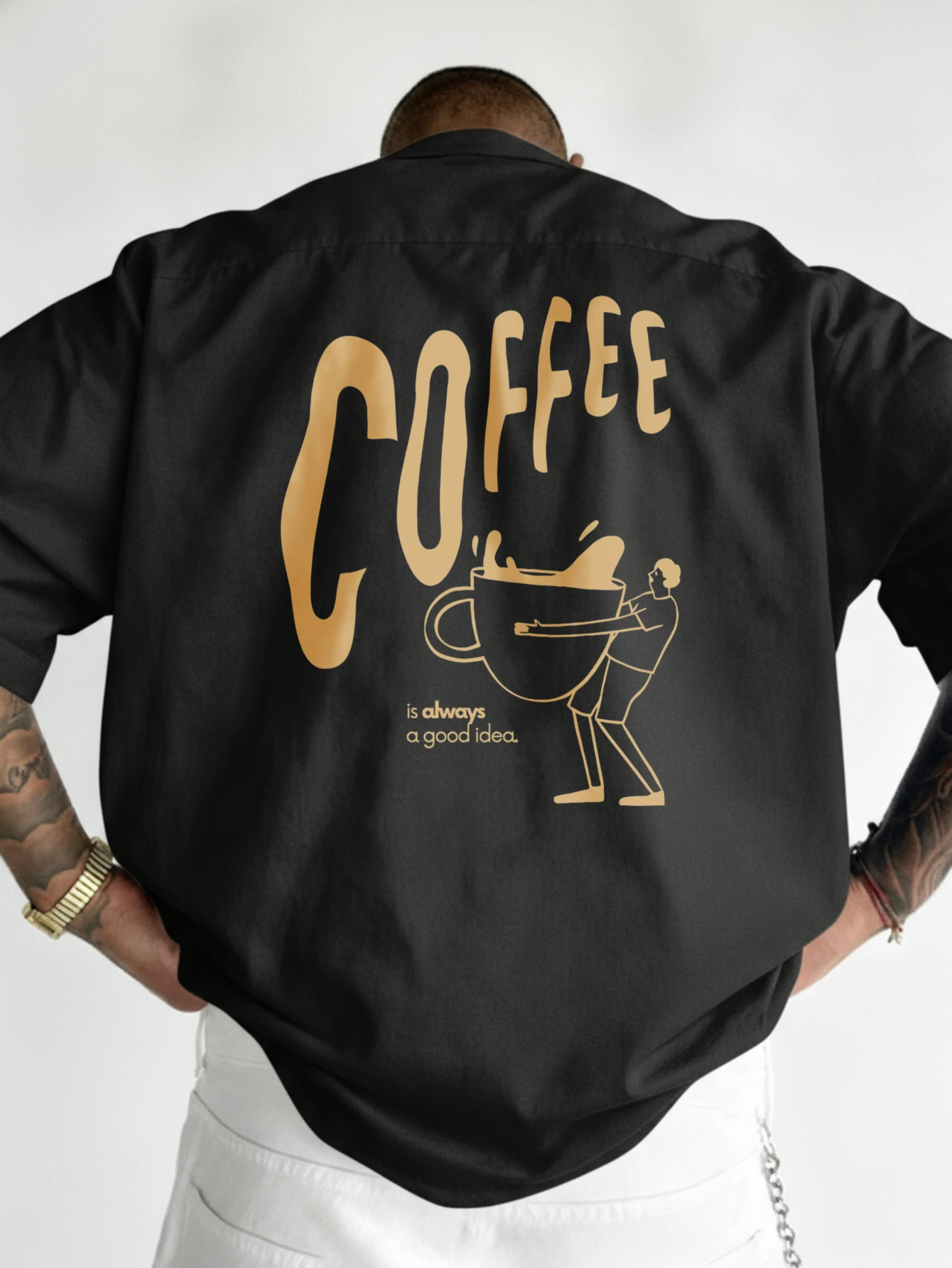 JOOCAR Coffee Is Always A Good Idea Grafikdruck Lässiges Baumwoll-T-Shirt für alle Jahreszeiten, Rundhalsausschnitt, weich, dehnbar, atmungsaktiv, kurze Ärmel, modisches Streetwear-Oberteil mit