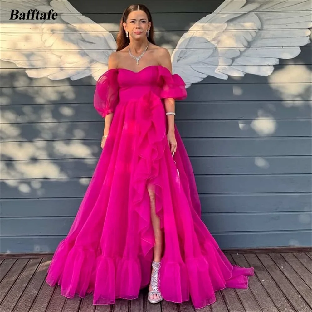 

Bafftafe Fuchsia Organza Prom Dresses Short Sleeves Leg Slit Customized Formal Evening Gowns Ruffles Arabic Women Party Dress