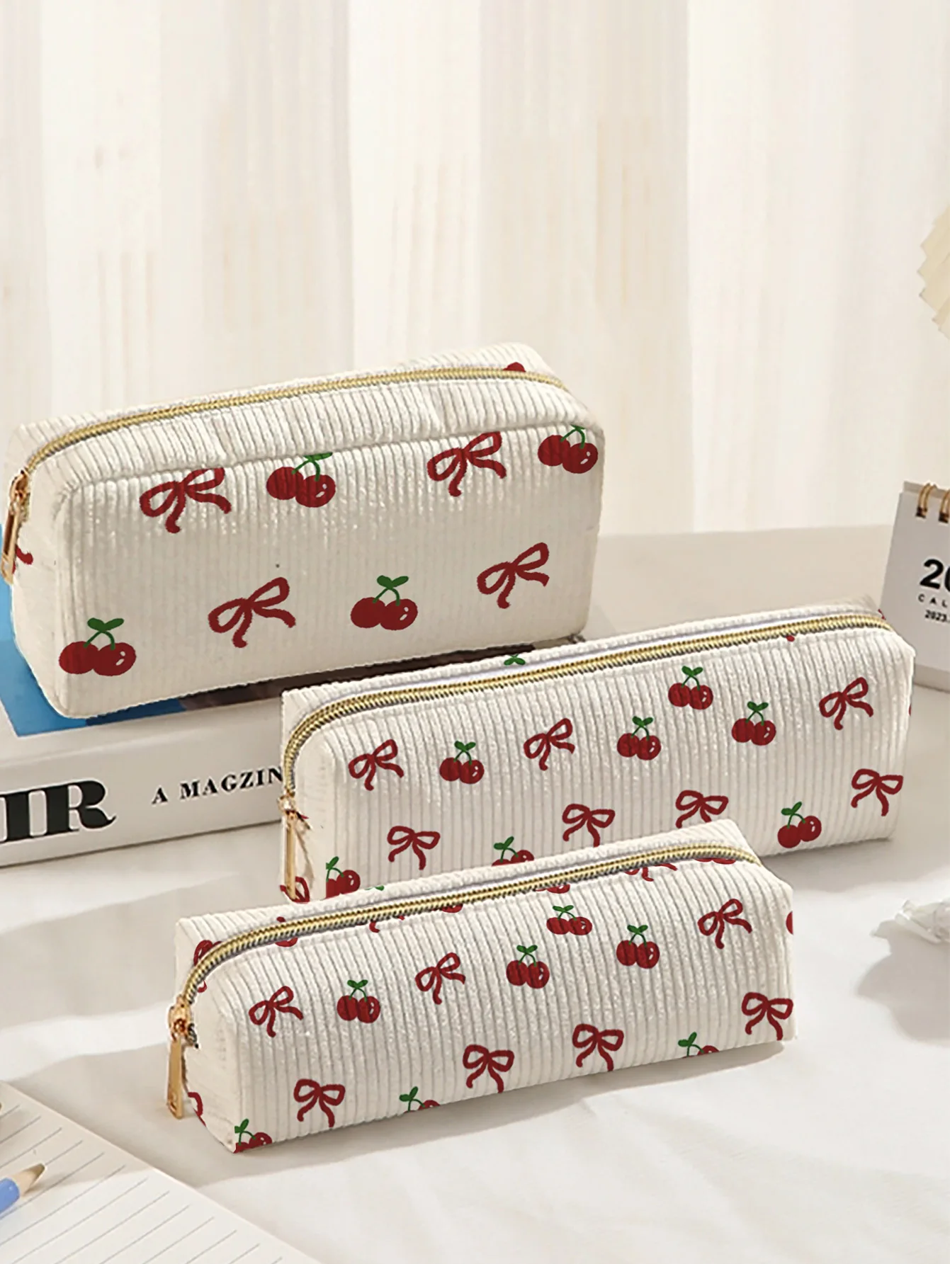 Cherry Bow Print 3 Pieces Pencil Case Set, Corduroy Zipper Stationery Pouches For Student Pens And Small Daily Supplies