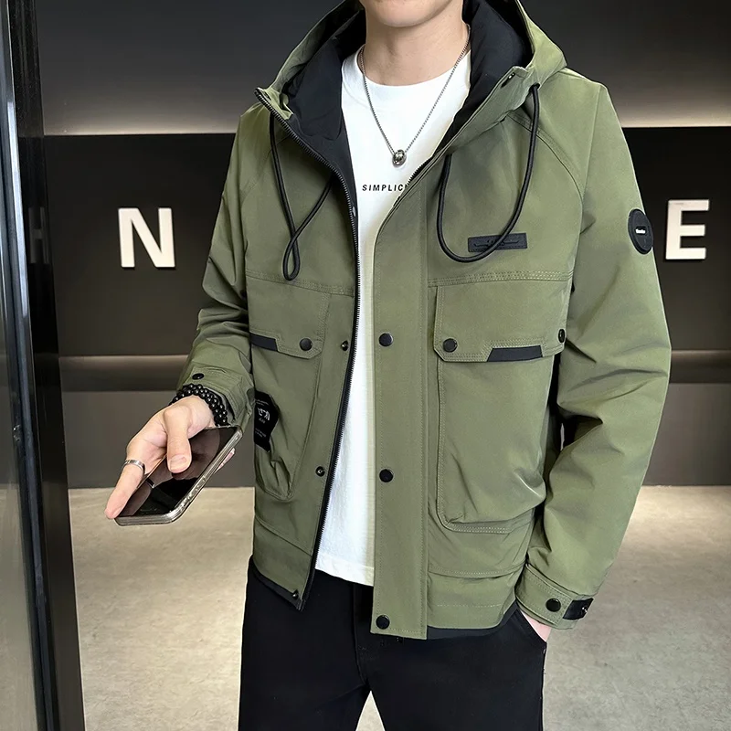 

Мужская повседневная куртка с капюшоном Весна 2026: Модная ветрозащитная рабочая одежда из полиэстера с длинными рукавами на молнии