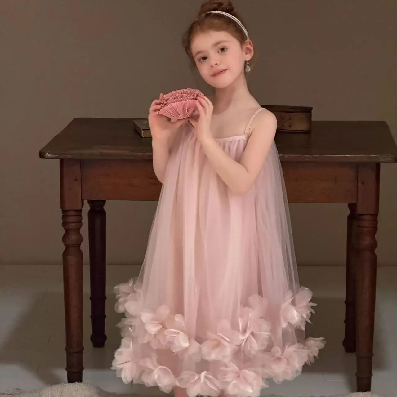 Summer Korean Style 2-9Y Girls Dress 3D Floral Pink Strap Tulle Princess Sundress for 90-150cm