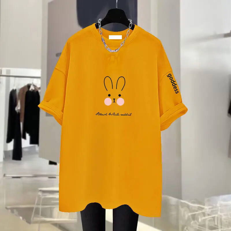 Women Clothing Cartoon Printing Cotton Basic T-shirts Summer Casual Loose O-neck Short Sleeve Tees Kawaii Rabbit Expression Top