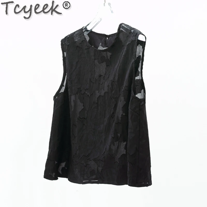 Tcyeek 100% Real Mulberry Silk Tank Top Women Summer Clothes Sleeveless Black Tank Tops Loose Fit Fashion Tops for Ladies 2024