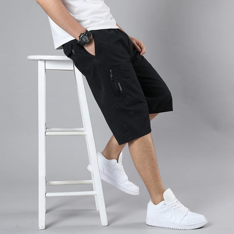 Summer Men's Solid High Waisted Pockets Button Zipper Casual Workwear Sports Loose Five Point Trousers Printed Beach Shorts