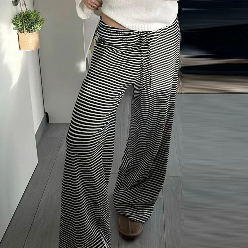 Long Pants Women Wide Leg Pants Striped Casual Loose Streetwear Lace Up Jogger High Waist Elegant Maxi Straight Trousers Capris