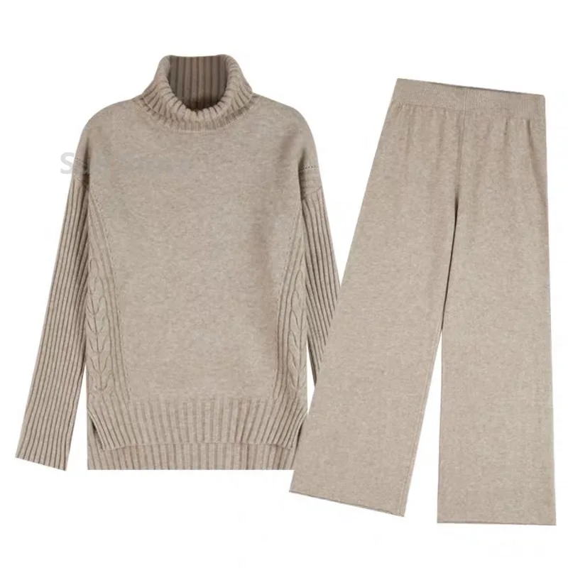 Sweater Set Warm suit for Women Winter Knitted Suits 2 Piece Set Soild Turtleneck Sweater + Loose Trousers Office Lady Suit