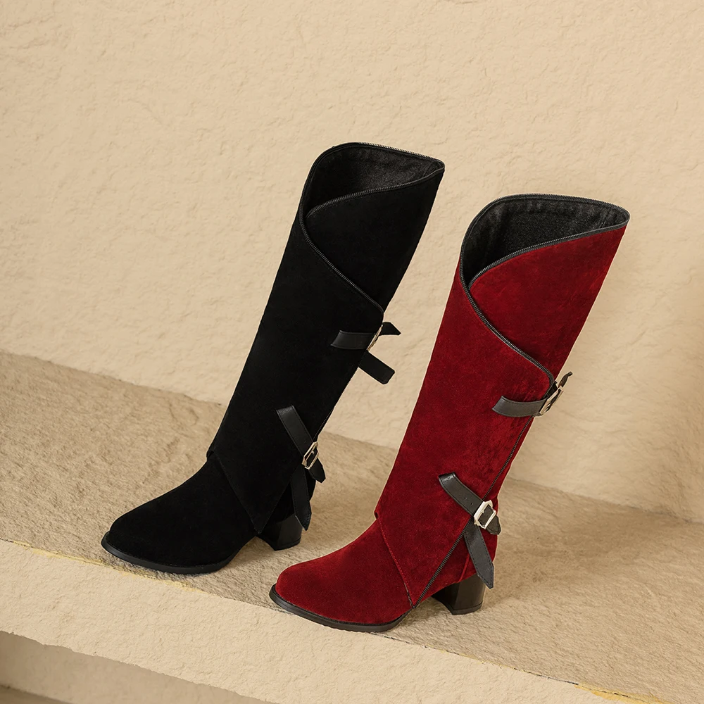  New Winter Mature Red Black Women Knee High Boots 2inch High Block Heels Lady Casual Shoes Plus Big Size 10 43 45 47 view 3
