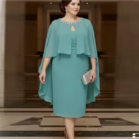 Elegant Mother of Bride Dress with Cloak Beaded Tea Length Prom Dress for Formal Party Peacock 2Pcs Midi Evening Gowns