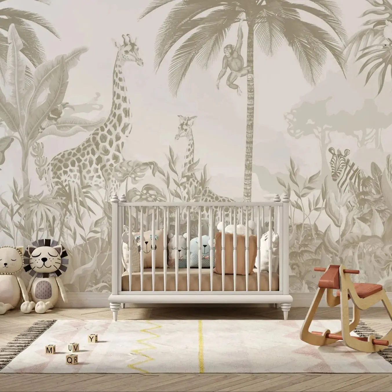 Kids Safari Jungle Animals Wallpaper,Regular Giraffe Nursery Mural Paper,Kids Jungle Themed Wall Mural For Children's Room Decor