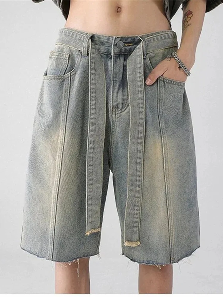 Unisex Style Capris Summer Female High Waist Loose Short Jeans Women's Belt Drawstring Design Wide Leg Korean Retro Denim Shorts